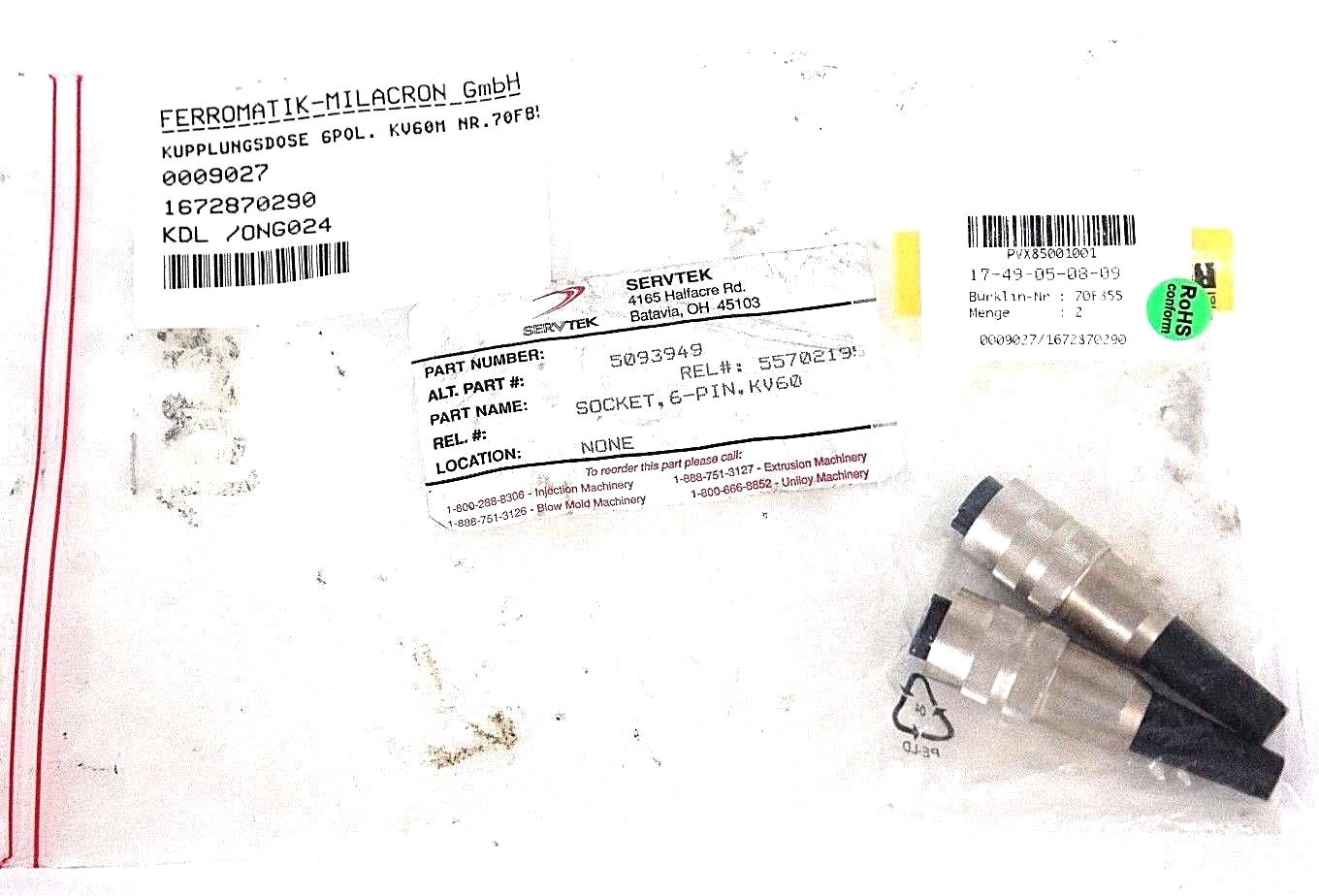 Used LOT OF 2 FERROMATIK BURKLIN 0009027/1672870290 FEMALE SOCKETS 6-PIN KV60M 70F855