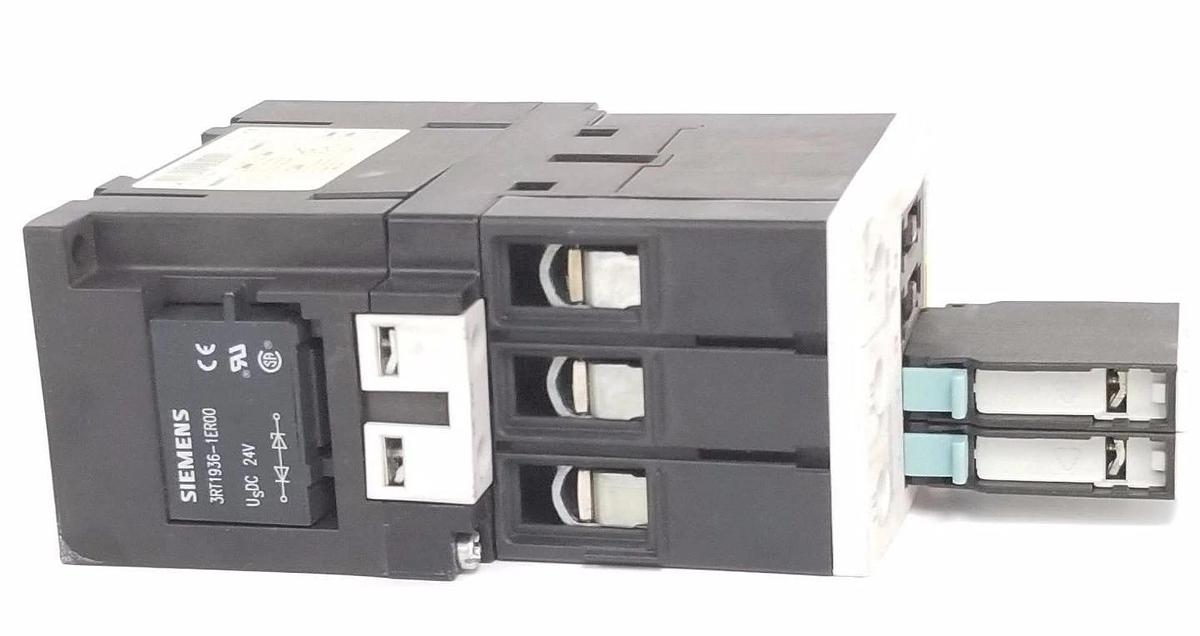 Used SIEMENS 3RT1034-1BB40 CONTACTOR DC 24V W/ 3RH1921-1CA01, 3RT1936-1ER00