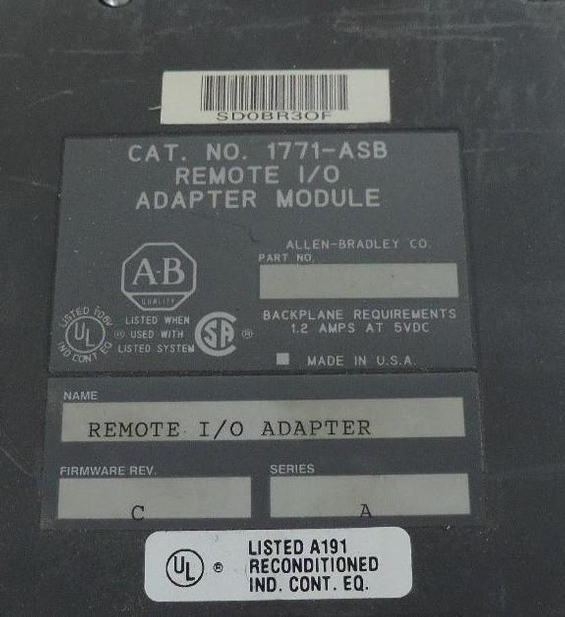 Used ALLEN BRADLEY 1771-ASB SER. A REMOTE I/O ADAPTER MODULE 1771ASB, F/W REV. C