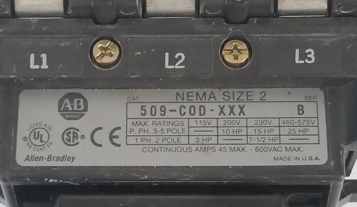 Used ALLEN BRADLEY 509-COD-XXX STARTER SIZE 2, SER. B, 120V 60HZ, CC236 , 595-A