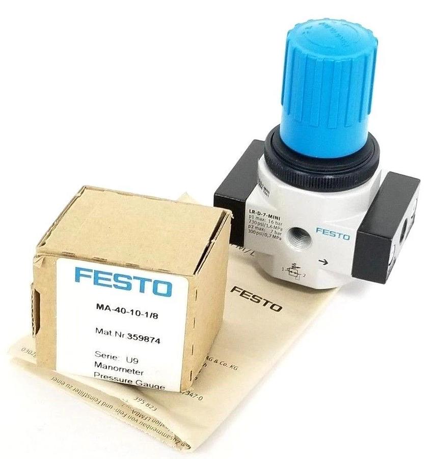 Used NIB FESTO ELECTRIC LR-1/8-D-7-MINI PRESSURE REGULATOR W/ MA-40-10-1/8 GAUGE