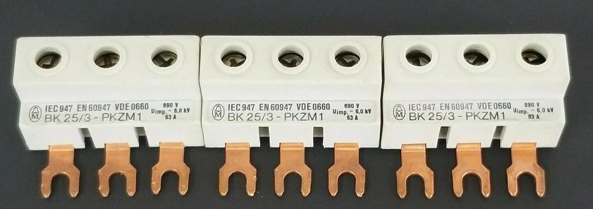 Used LOT OF 3 MOELLER BK25/3-PKZM1 CONNECTOR FEEDER TERMINALS 63AMP, 3P, 690VAC, 6KV