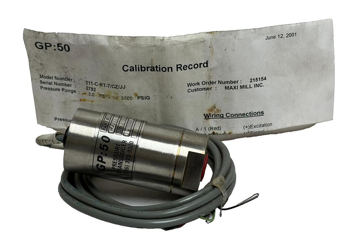 Used GP:50 211-C-RT-7/CZ/JJ Pressure Transducer 0-3000 PSIG Stainless New Calibration