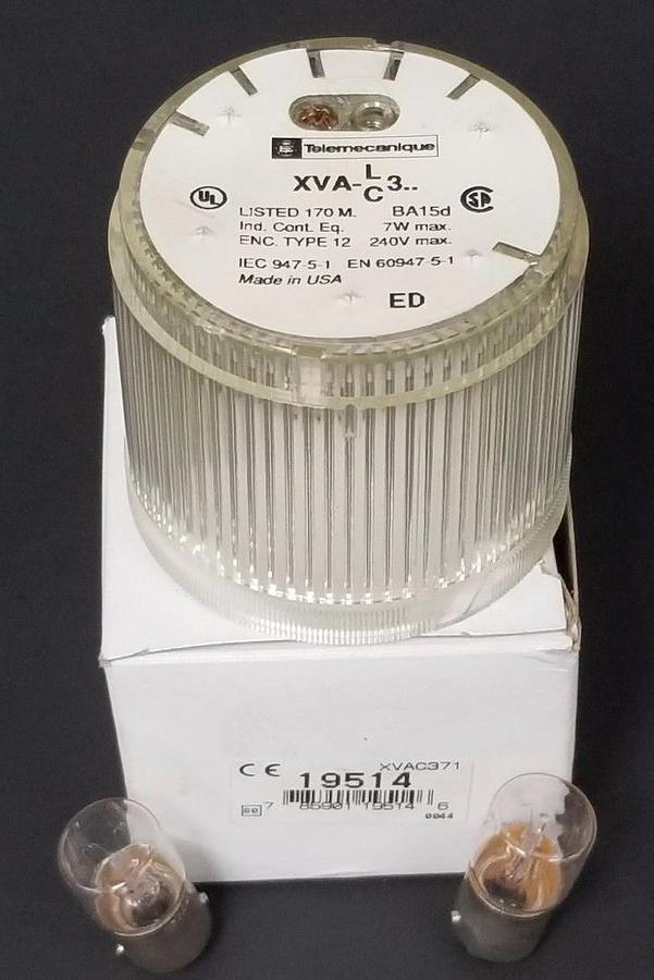 Used TELEMECANIQUE XVAC371 STACK LIGHT COVER 19514 W/ BULBS  *MISSING O-RING*