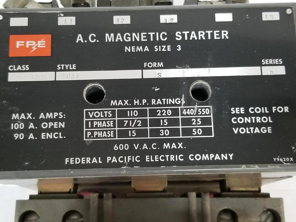 Used FEDERAL PACIFIC 4204-BU33-S MAGNETIC STARTER 110V, 60C, SER. B, 4204-BU33
