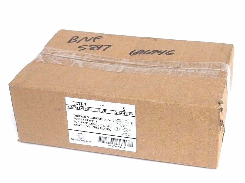 Used BOX OF 5 NEW STEEL ELECTRIC T37F7 1" THREADED CONDUIT BODIES FORM 7, TYPE T, T37