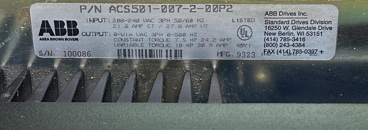 Used ABB ACS501-007-2-00P2 / ACS501007200P2 ACS 500 AC DRIVE 7.5/10HP 208-240VAC 3PH