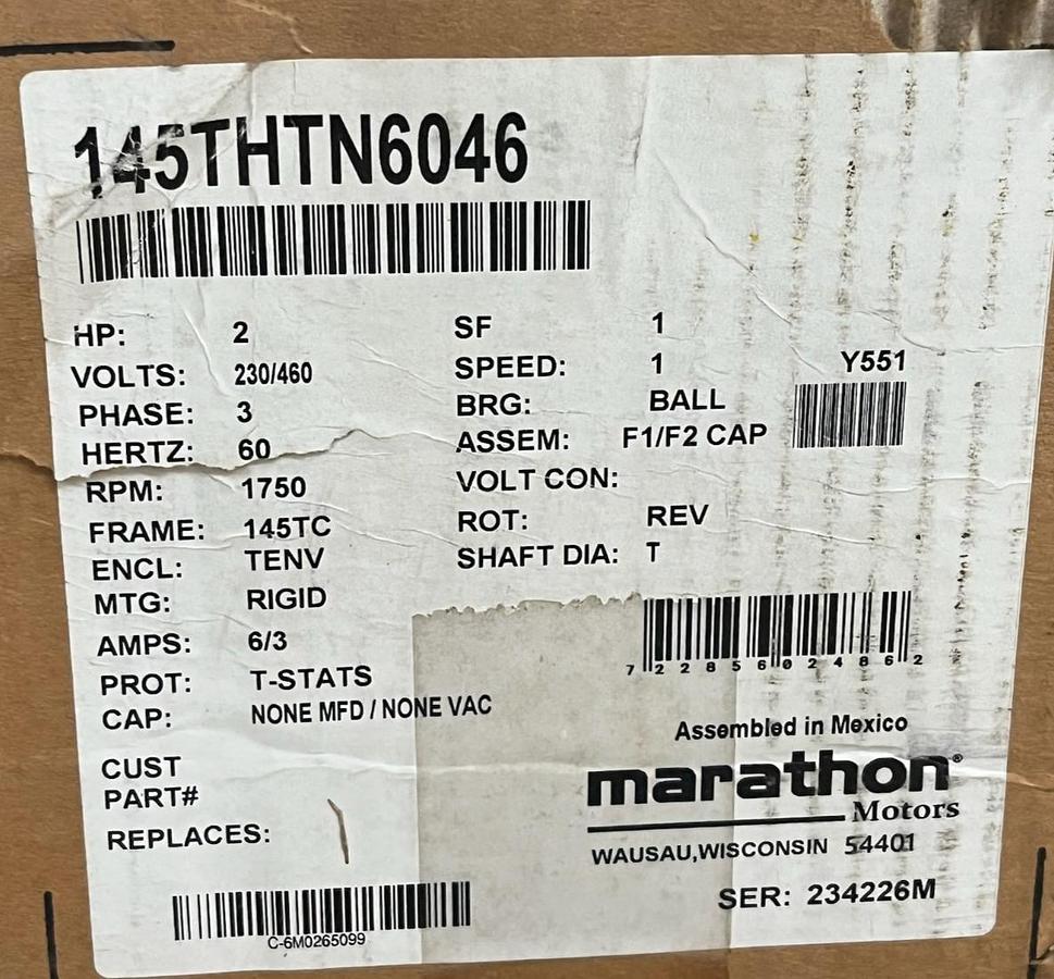 Used Marathon Black Max 2HP Inverter Duty Motor 145THTN6046 / Y551 3PH 1750RPM 145TC