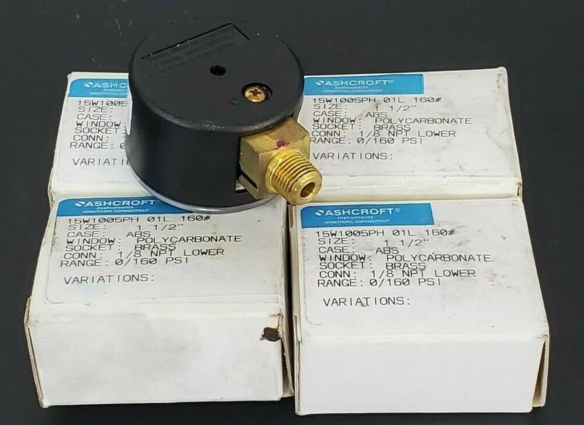 LOT OF 4 NIB ASHCROFT 15W1005PH 01L 160# GAUGES SIZE: 1-1/2'' RANGE: 0/160 PSI