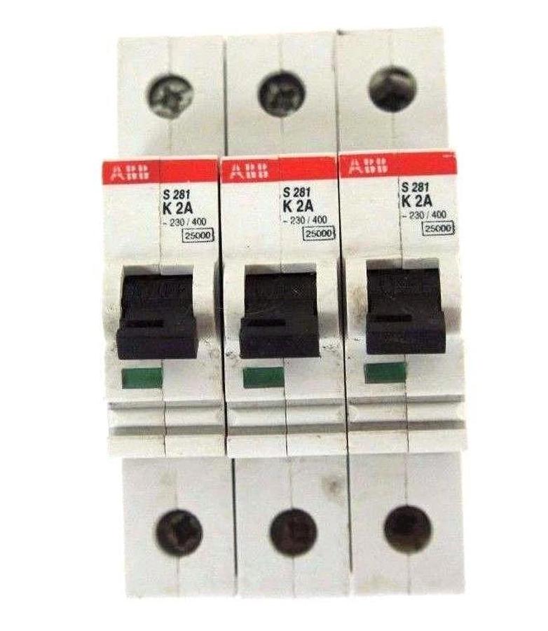 Used LOT OF 3 ABB S281-K2A CIRCUIT BREAKERS S-281-K-2A 2AMP 1POLE 230/400VAC K-CURVE
