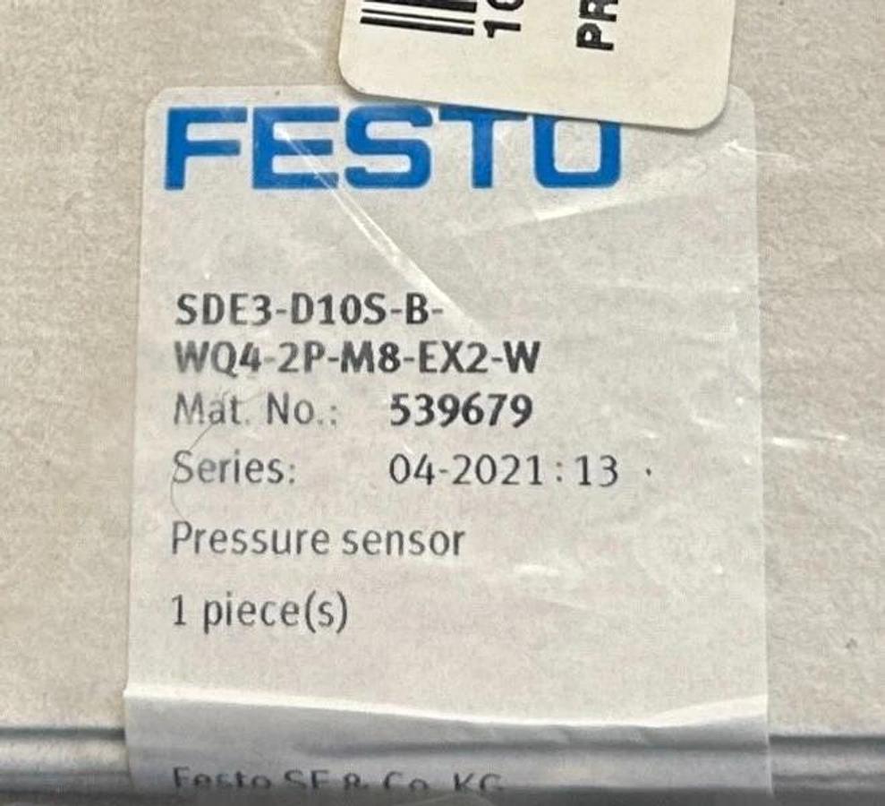 Used NEW SEALED FESTO SDE3-D10S-B-WQ4-2P-M8-EX2-W / 539679 PRESSURE SENSOR W/ CABLE