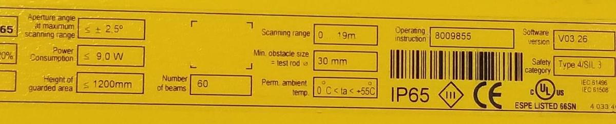 Used SICK OPTIC C4000 LIGHT CURTAIN SENDER 1018647 / C40S-1203CA010 / C40S1203CA010