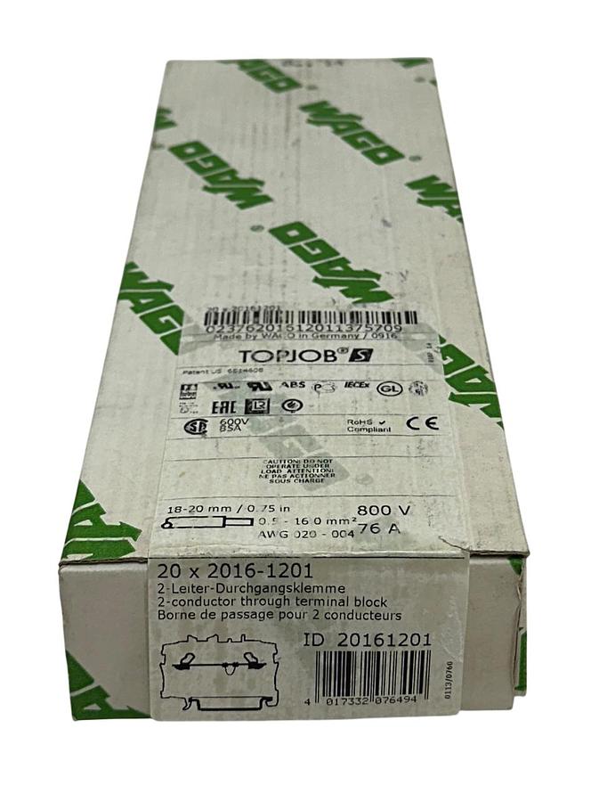 Used 20 WAGO 2016-1201 / 20161201 TOPJOB S 2-CONDUCTOR THROUGH TERMINAL BLOCKS NSMP