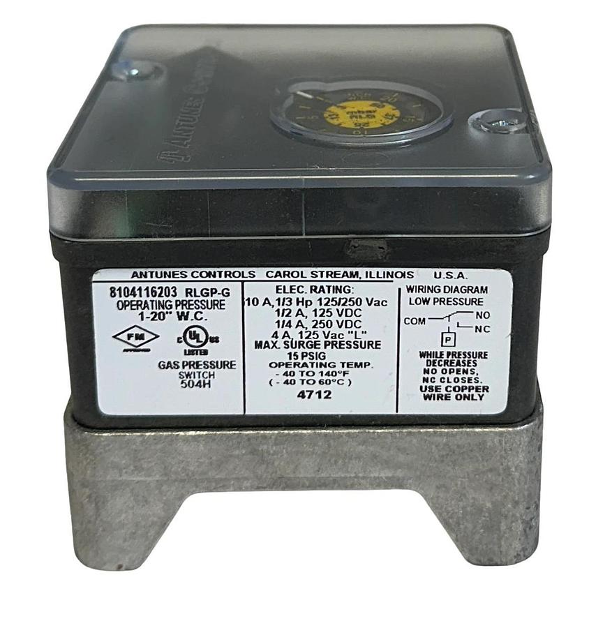 Used ANTUNES CONTROLS RLGP-G / 8104116203 GAS PRESSURE SWITCH 1-20'' W.C. 10A USNP