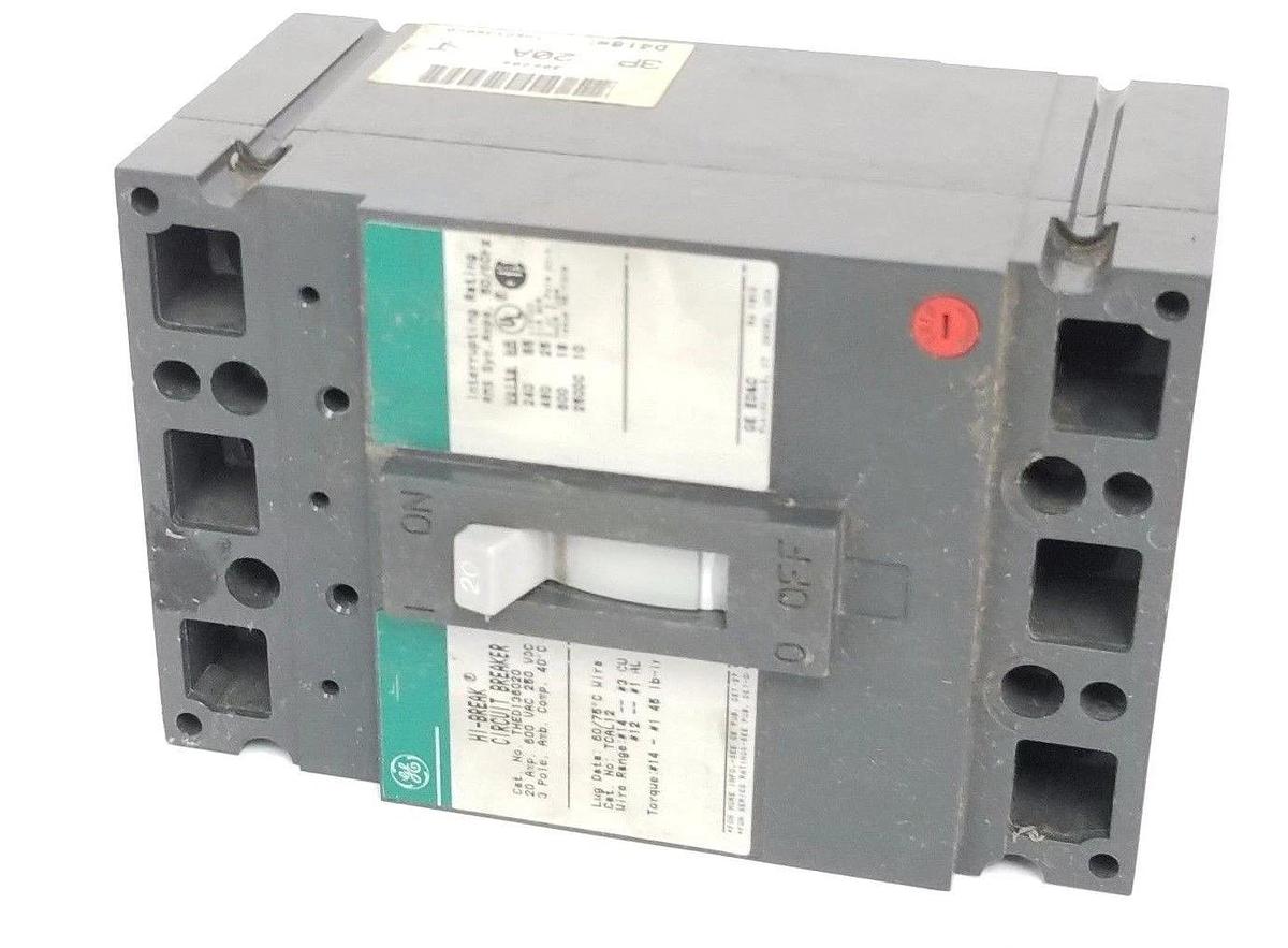 Used GENERAL ELECTRIC THED136020 HI BREAK CIRCUIT BREAKER 20 AMP, 600VAC, 3 POLE
