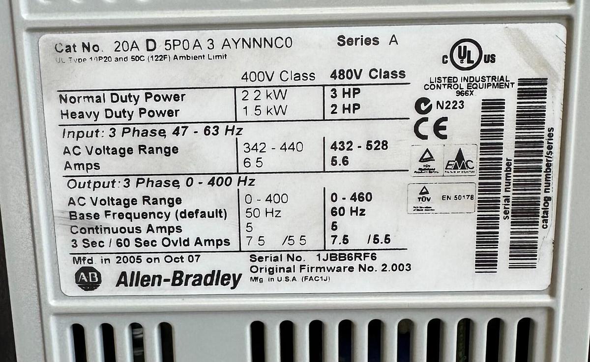 Used ALLEN BRADLEY 20AD5P0A3AYNNNC0 /A PowerFlex 70 AC DRIVE 2.2kW/3HP W/ 20-HIM-A3