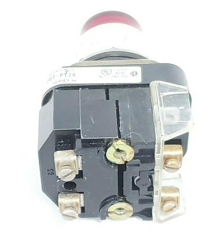 Used ALLEN BRADLEY 800T-PT26 PUSH BUTTON RED LENS SER. N W/ 800T-XA SER. C CONTACT