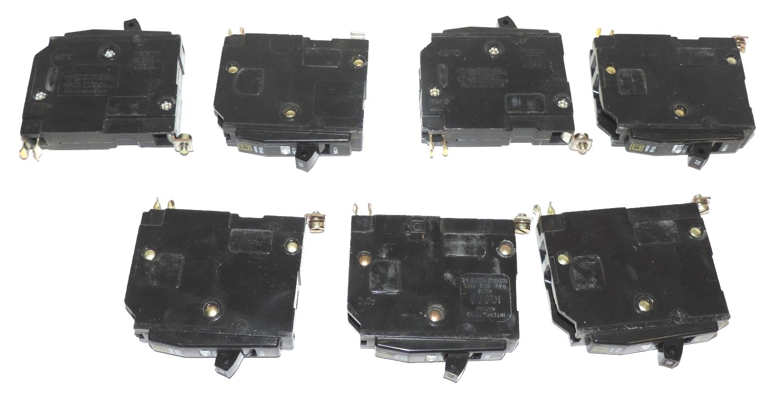 Used LOT OF 7 SQUARE D TIPO QOB, CIRCUIT BREAKERS, 20 AMP, 120/240 VAC