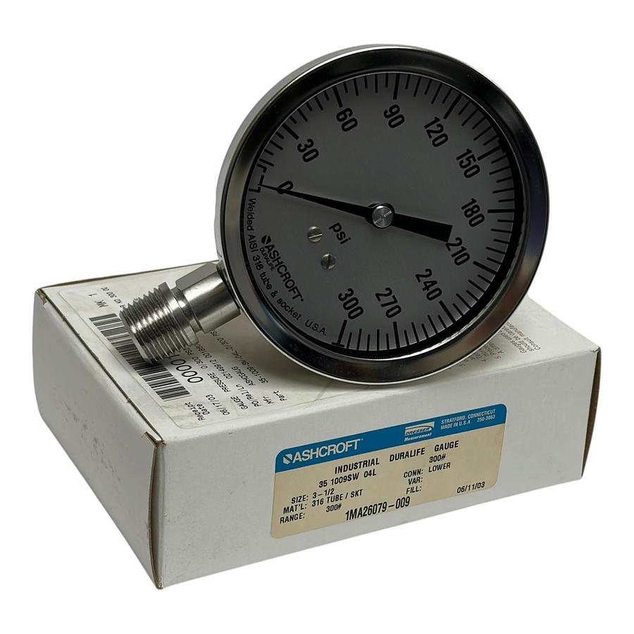 Used Ashcroft 35-1009SW-04L 3.5" Duralife Pressure Gauge 300 PSI 316SS New in Box