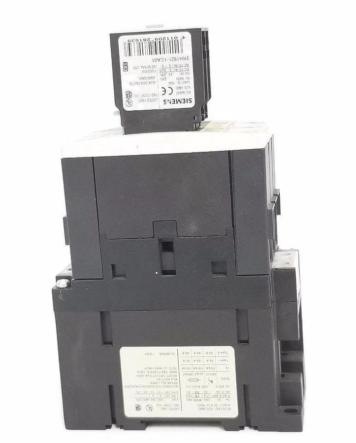 Used SIEMENS 3RT1034-1BB40 CONTACTOR DC 24V W/ 3RH1921-1CA01, 3RT1936-1ER00