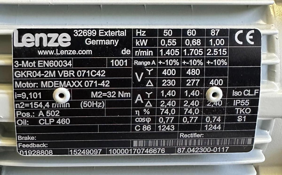 Used NEW LENZE MDEMAXX071-42 / GKR04-2MVBR071C42 GEAR MOTOR 32Nm 3-PHASE 15249097