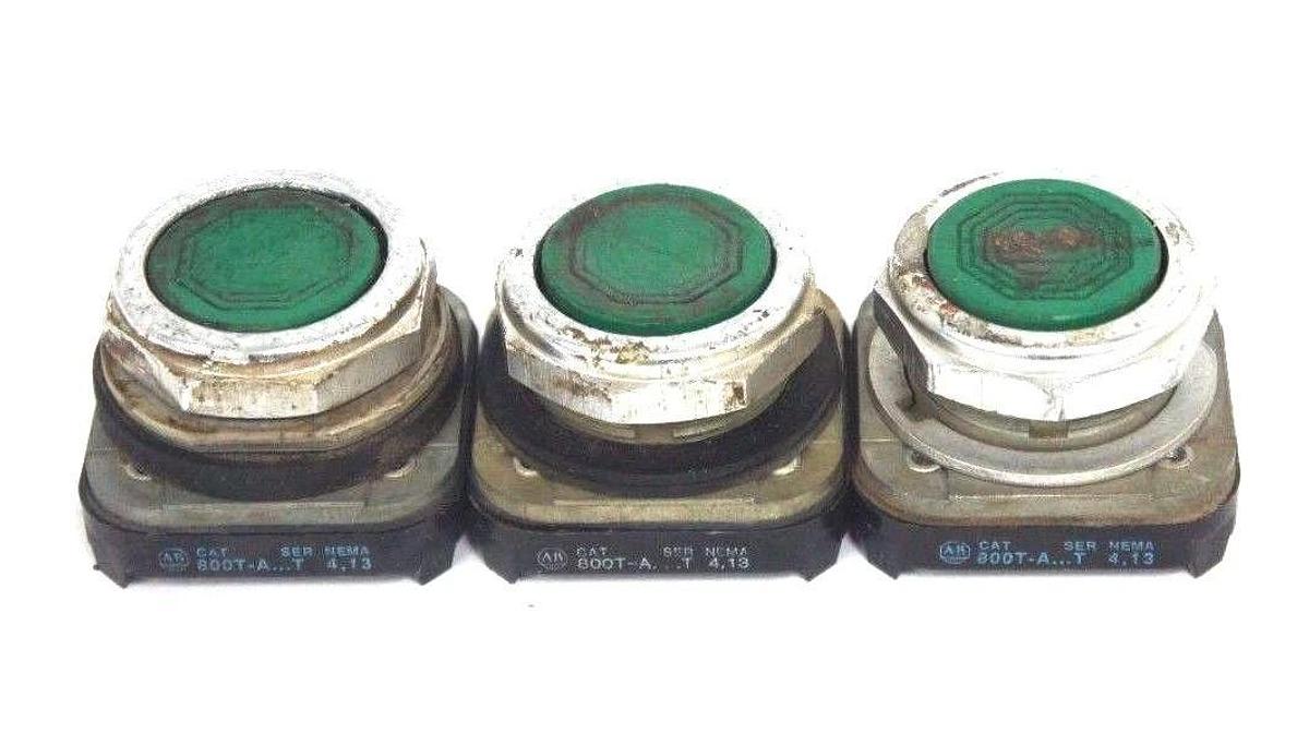 Used LOT OF 3 ALLEN BRADLEY 800T-A PUSH BUTTON FLUSH HEADS SER T, GREEN