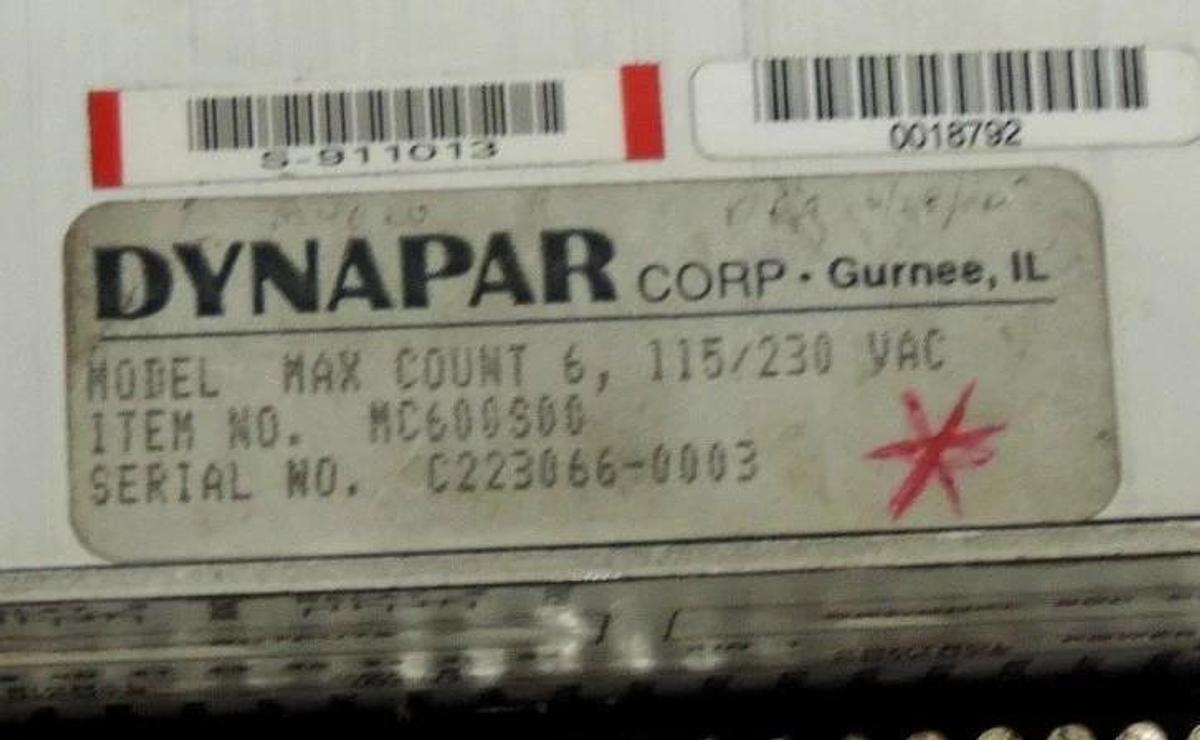 Used DYNAPAR MC600S00 COUNTER CONTROLLER MAX COUNT 6 115/230VAC MC600S-00