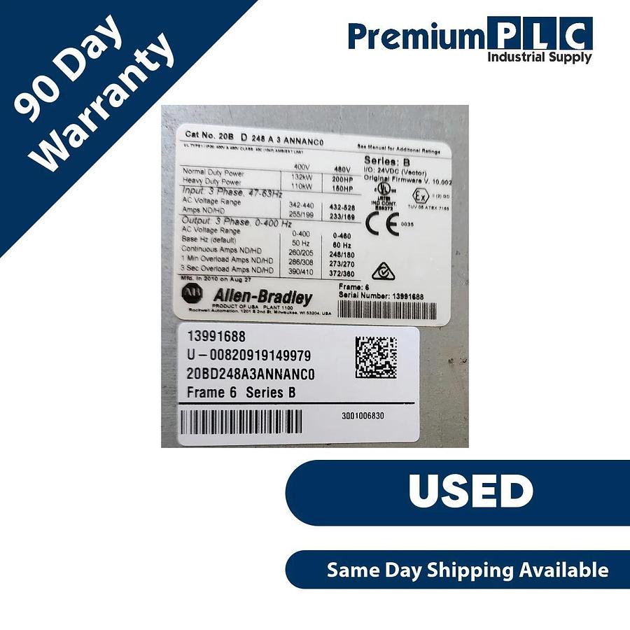 Used ALLEN BRADLEY 20BD248A3ANNANC0 /B PowerFlex 700 AC DRIVE 480VAC, 3P, 200HP USPI