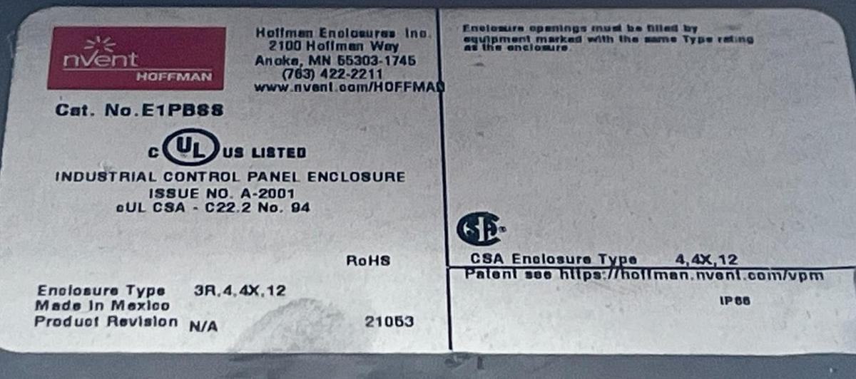Used HOFFMAN E1PBSS STAINLESS STEEL ENCLOSURE W/ SIEMENS 52BM9W2 RED PUSHBUTTON NSNP