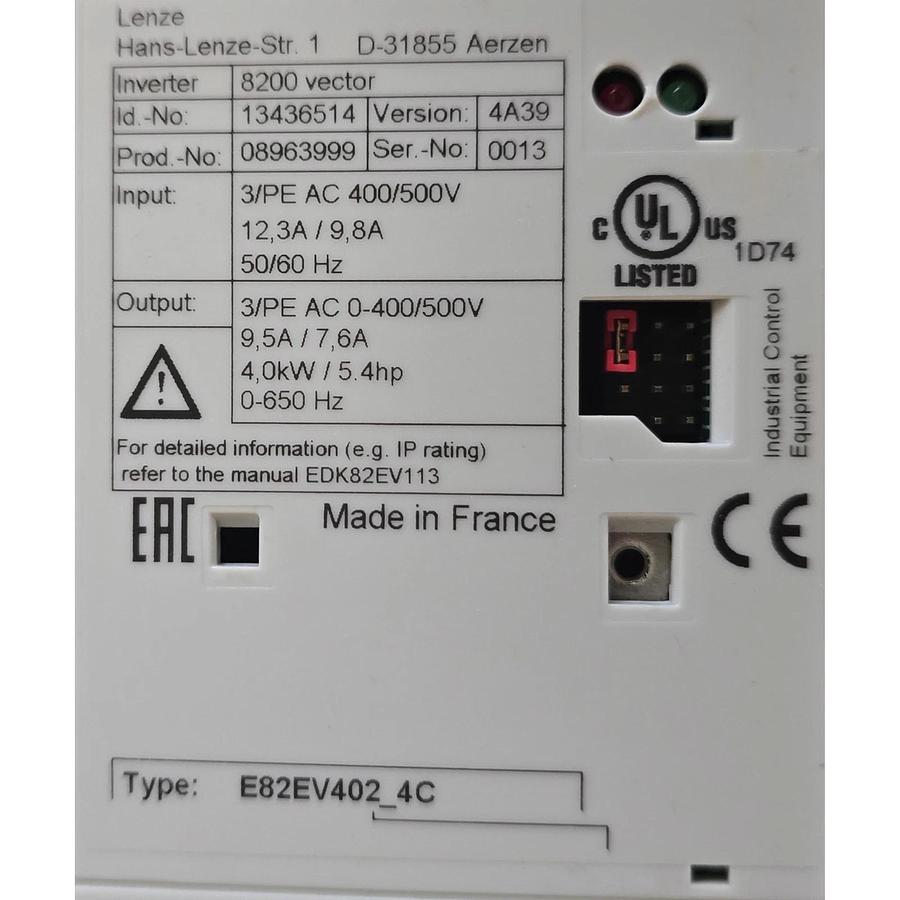 LENZE E82EV402_4C / E82EV402K4C VER. 4A39 8200 VECTOR INVERTER 4kW 13436514 NSMP