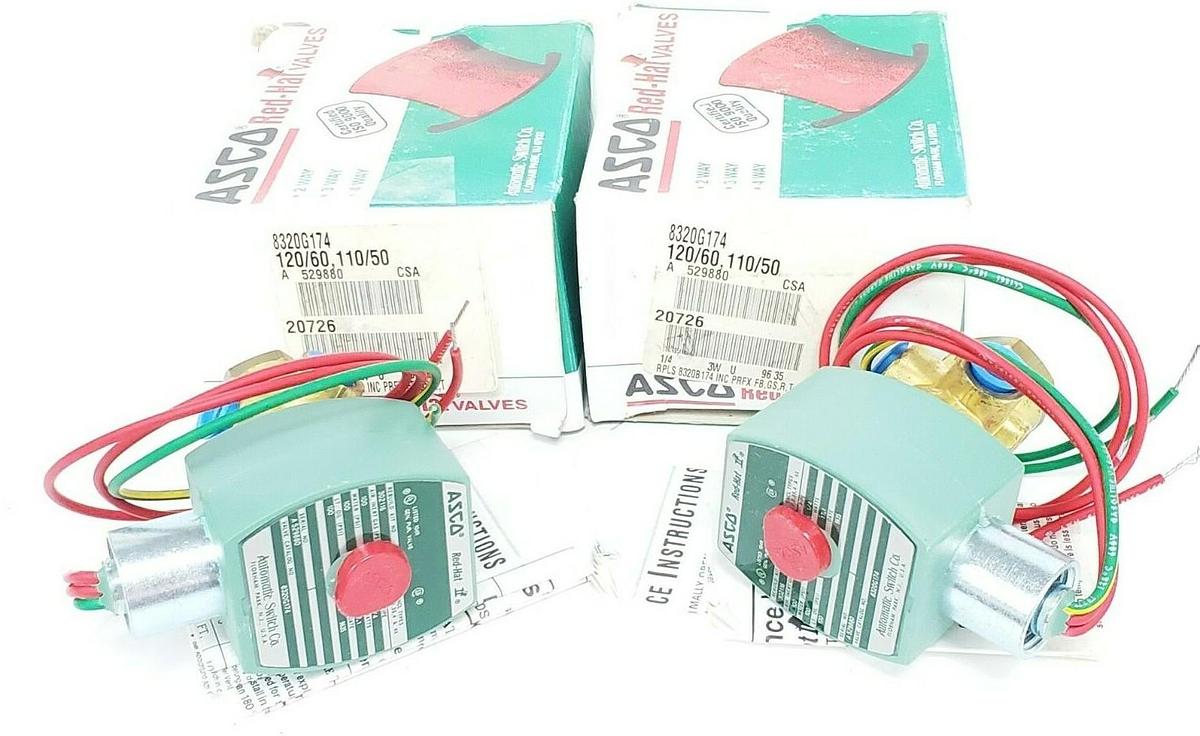 (2) NIB ASCO 8320G174 SOLENOID VALVES 120/60 - 110/50, 1/4 PIPE, 17.1 WATTS