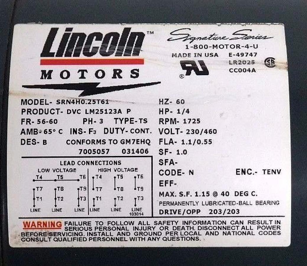 Used LINCOLN SRN4H0.25T61 MOTOR DVC LM25123A P FR:56-60 PH:3 TYPE:TS PRM:1725 60HZ