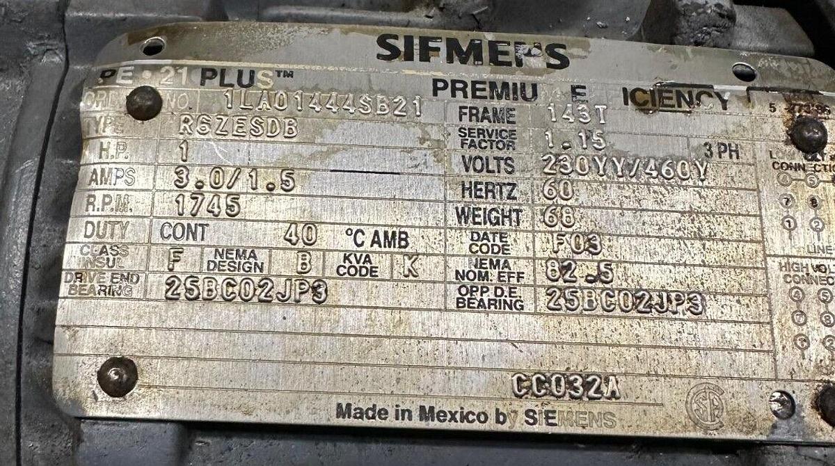 Used SIEMENS 1LA01444SB21 PE-21 PLUS MOTOR 1HP R6ZESDB W/ STEARNS 105603200BQF BRAKE