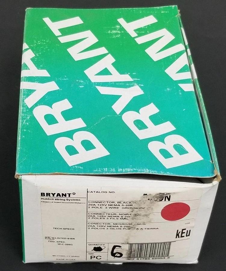Used BOX OF 6 NEW BRYANT 5369N CONNECTORS BLACK/WHITE 20A 125V NEMA 5-20R 2P 3W