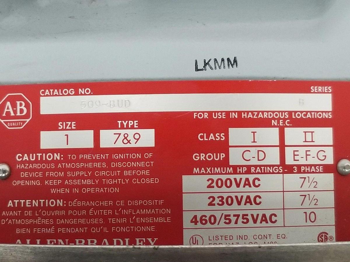 Used NEW ALLEN BRADLEY 509-BUD FULL VOLTAGE STARTER SER B, 115-120V, PHASE 3
