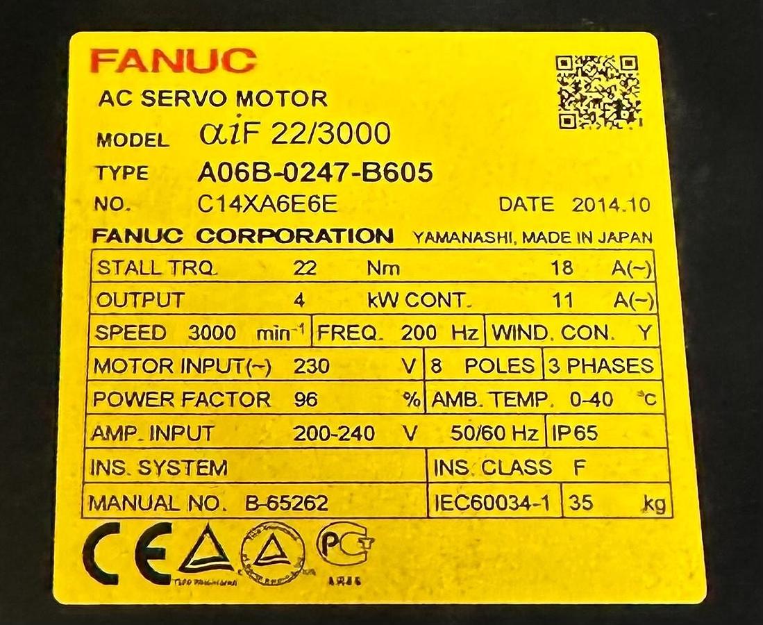 Used NEW FANUC A06B-0247-B605 / A06B0247B605 AC SERVO MOTOR aiF 22/3000 18Nm 11kW