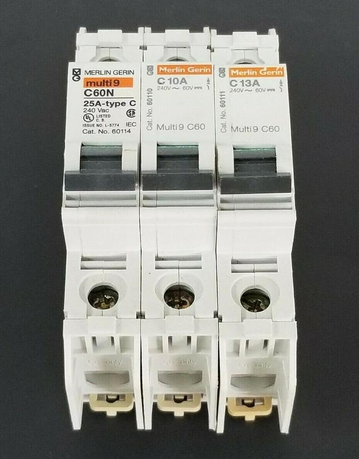 Used LOT OF 3 MERLIN GERIN CIRCUIT BREAKERS 60114 , 60110 , 60111 C60N C10A C13A