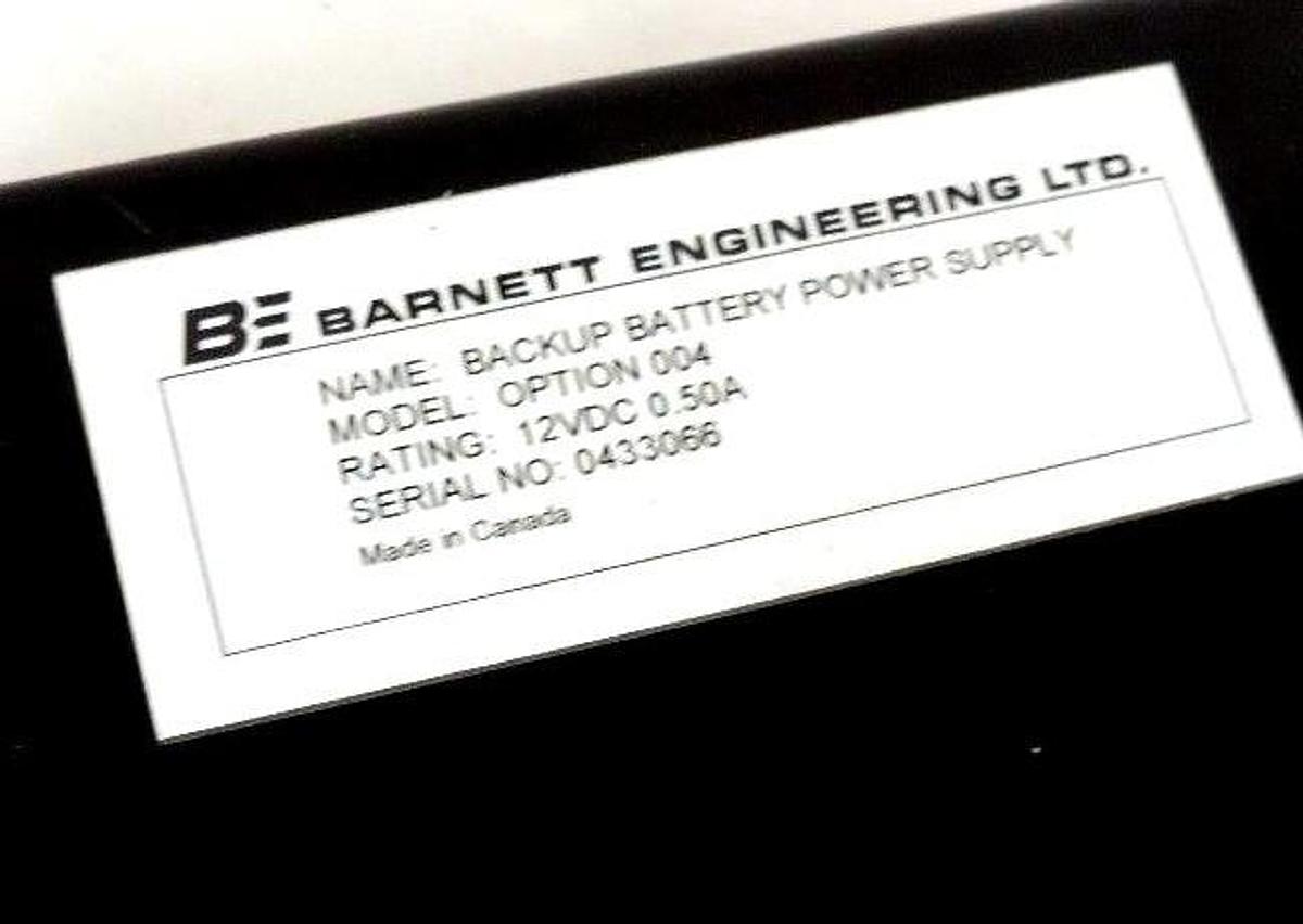 Used NEW BARNETT MODEL: OPTION 004 BACKUP BATTERY POWER SUPPLY 12VDC, 0.50A