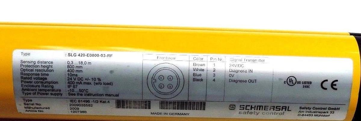 Used LOT OF SCHMERSAL SLG420 LIGHT CURTAINS SLG 420-R0800-03-RF, SLG 420-E0800-03-RF