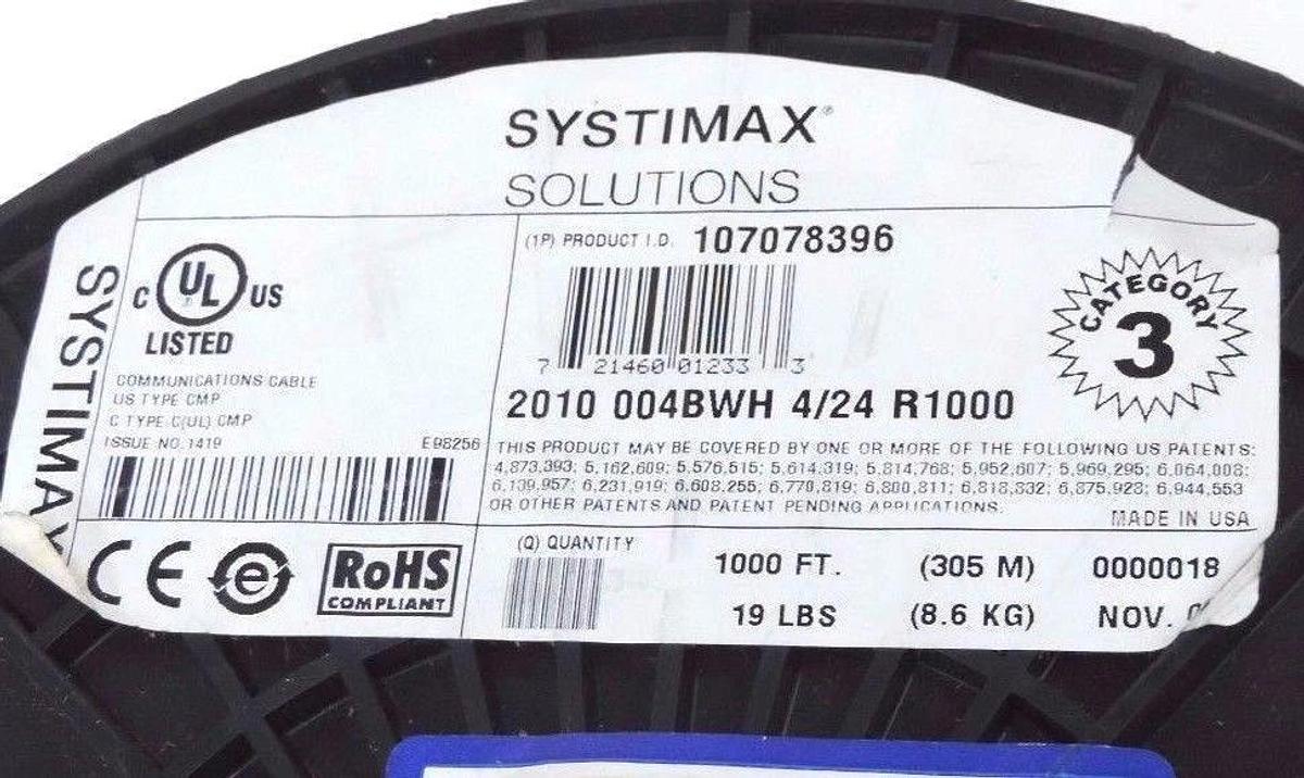 Used NEW SYSTIMAX SOLUTIONS 107078396 CABLE 2010 004BWH 4/24 R1000, 1000FT