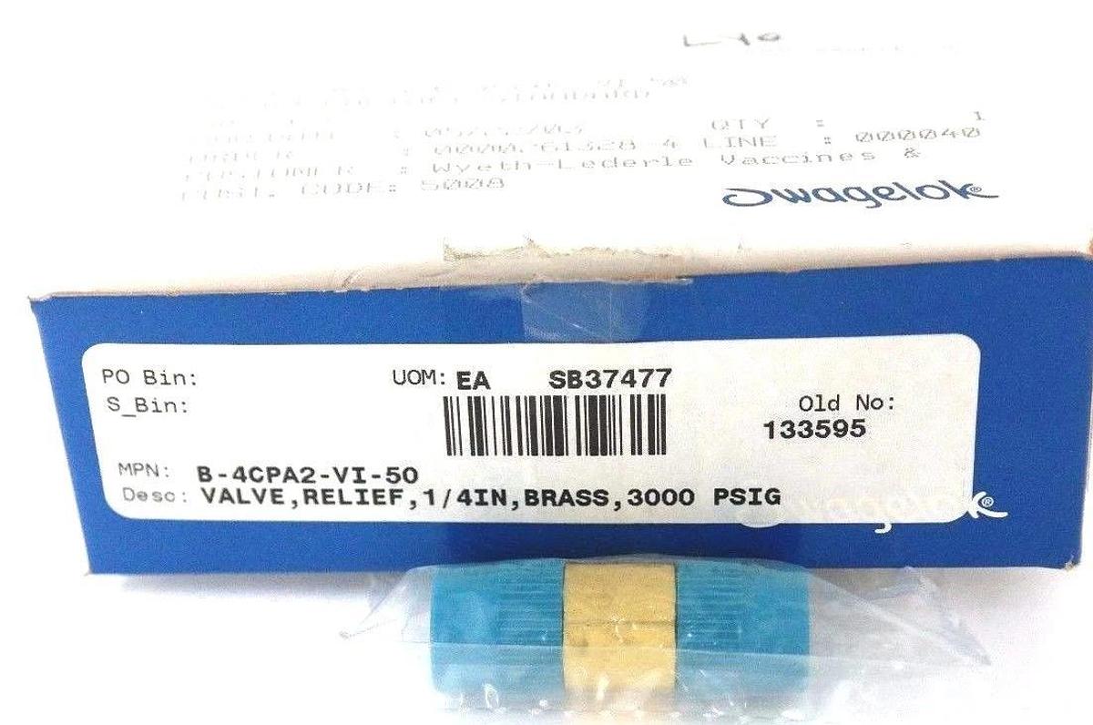 Used NIB SWAGELOK B-4CPA2-VI-50 RELIEF VALVE 1/4'', BRASS, 3000 PSIG, B4CPA2VI50
