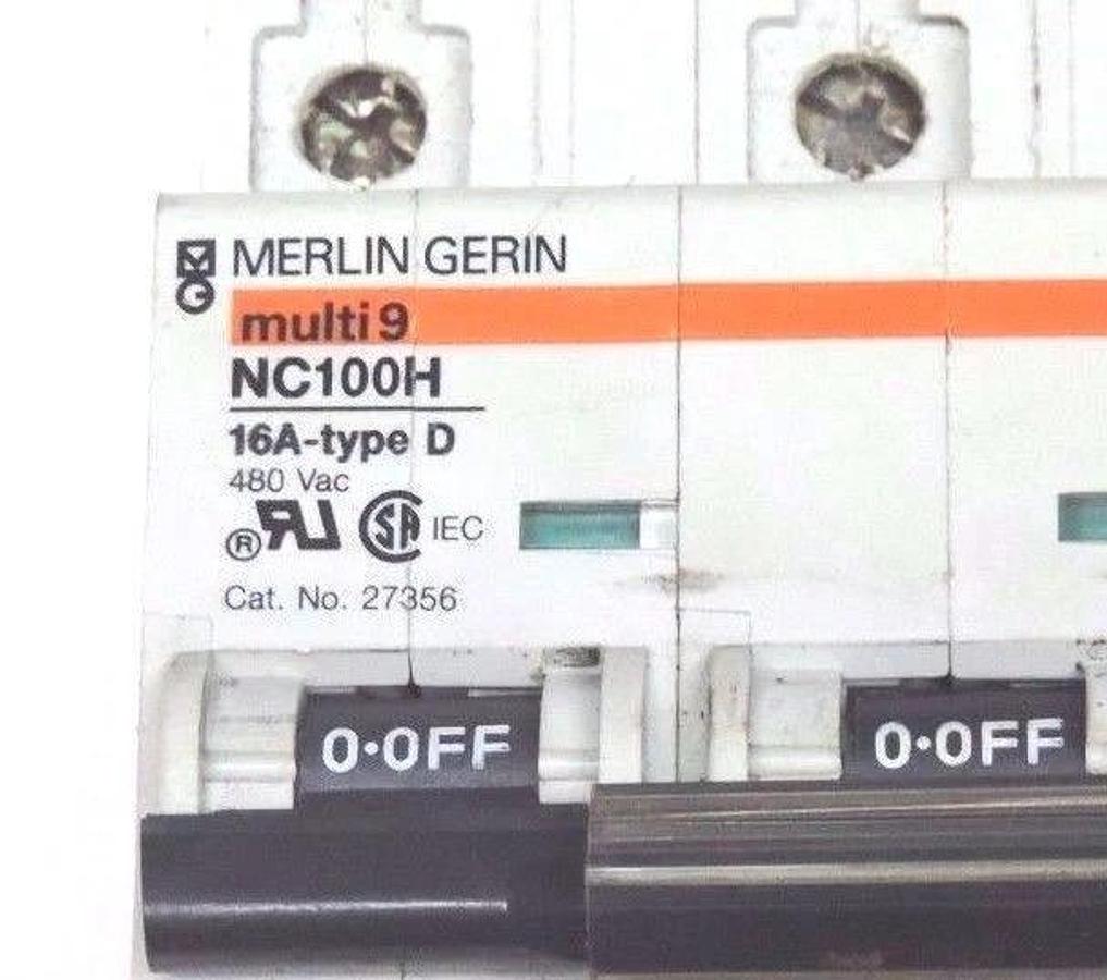 Used MERLIN GERIN NC100H MULTI 9 CIRCUIT BREAKER 16A, TYPE D, 480VAC, 27356