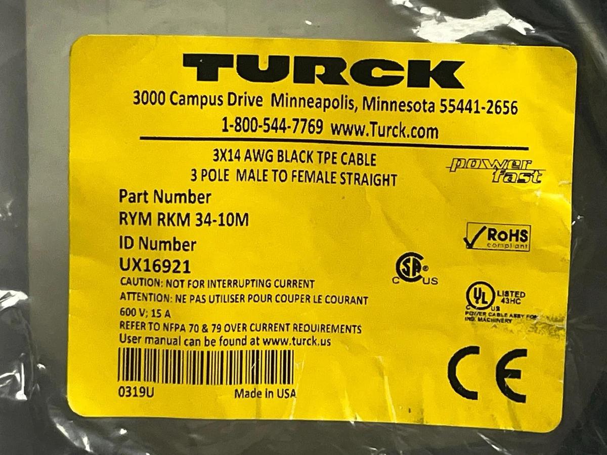 NEW Turck RYM RKM 34-10M Powerfast Extension Cable 3-Pin 1-3/8" 10m 32.8ft Seale