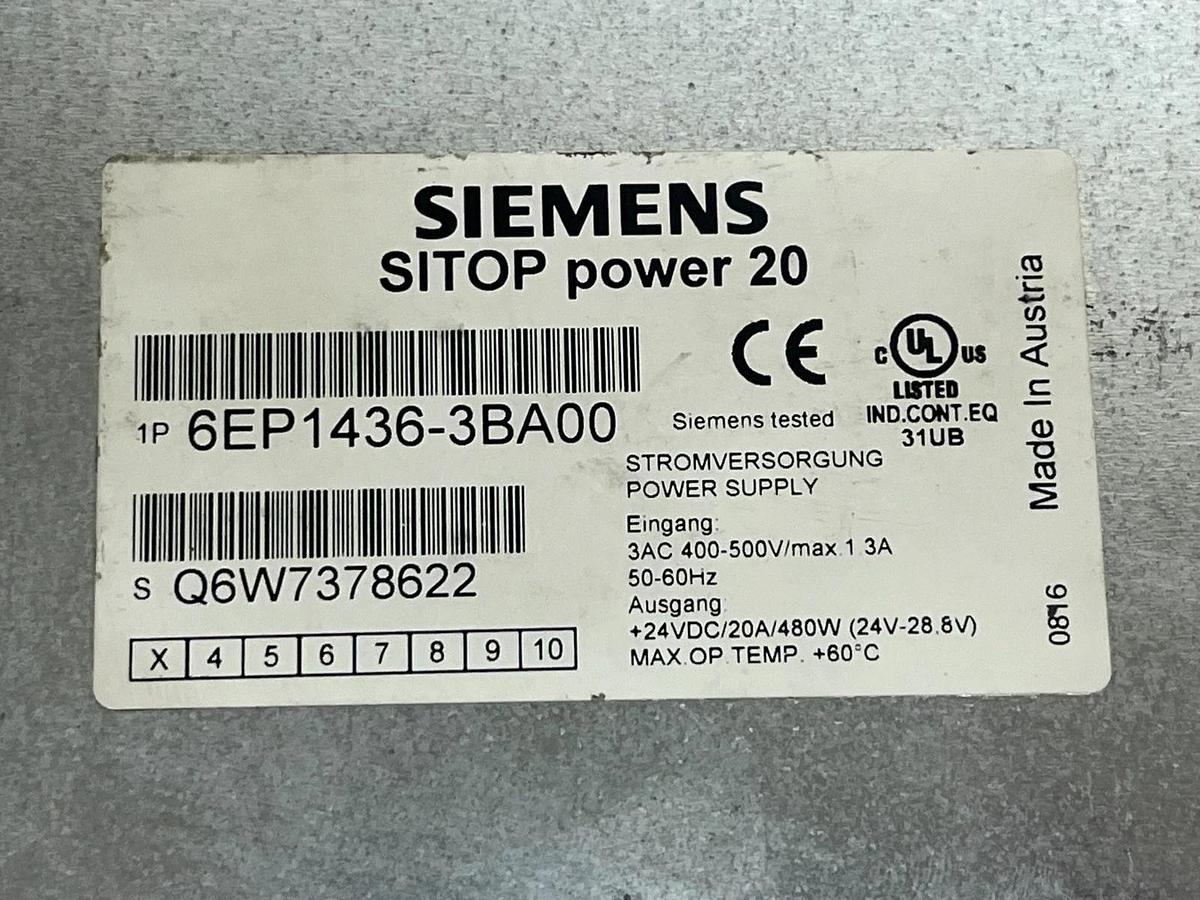 Used Siemens SITOP Power 20 6EP1436-3BA00 24V 20A 480W Power Supply