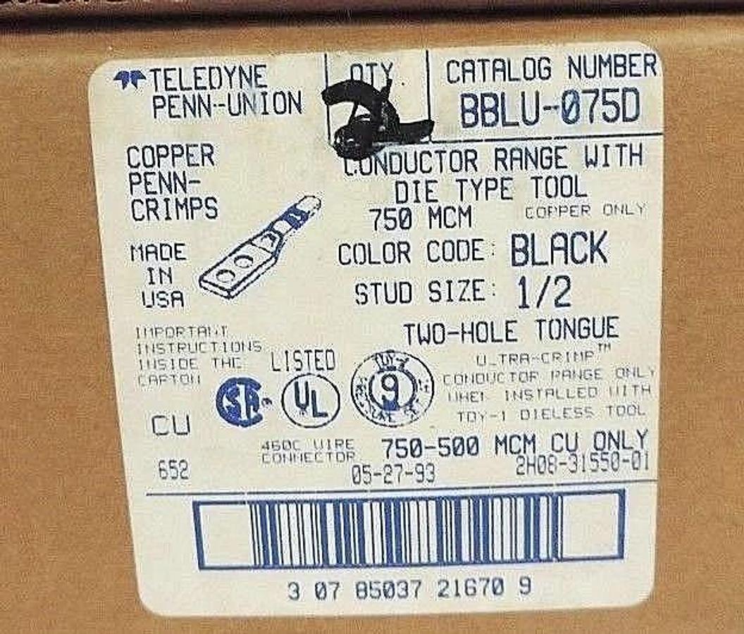 Used BOX OF 2 NEW TELEDYNE PENN-UNION BBLU-075D COPPER CRIMPS BLACK 1/2", 750MCM