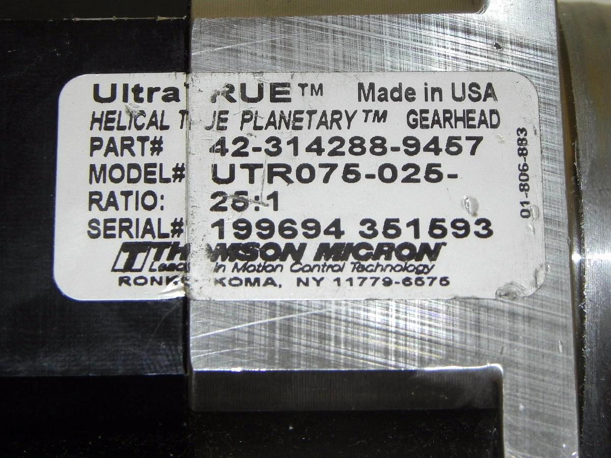 Used THOMSON MICRON 42-314288-9457 SERVO MOTOR UTR075-025-0-RM075-37 GEARBOX 90 DEG.