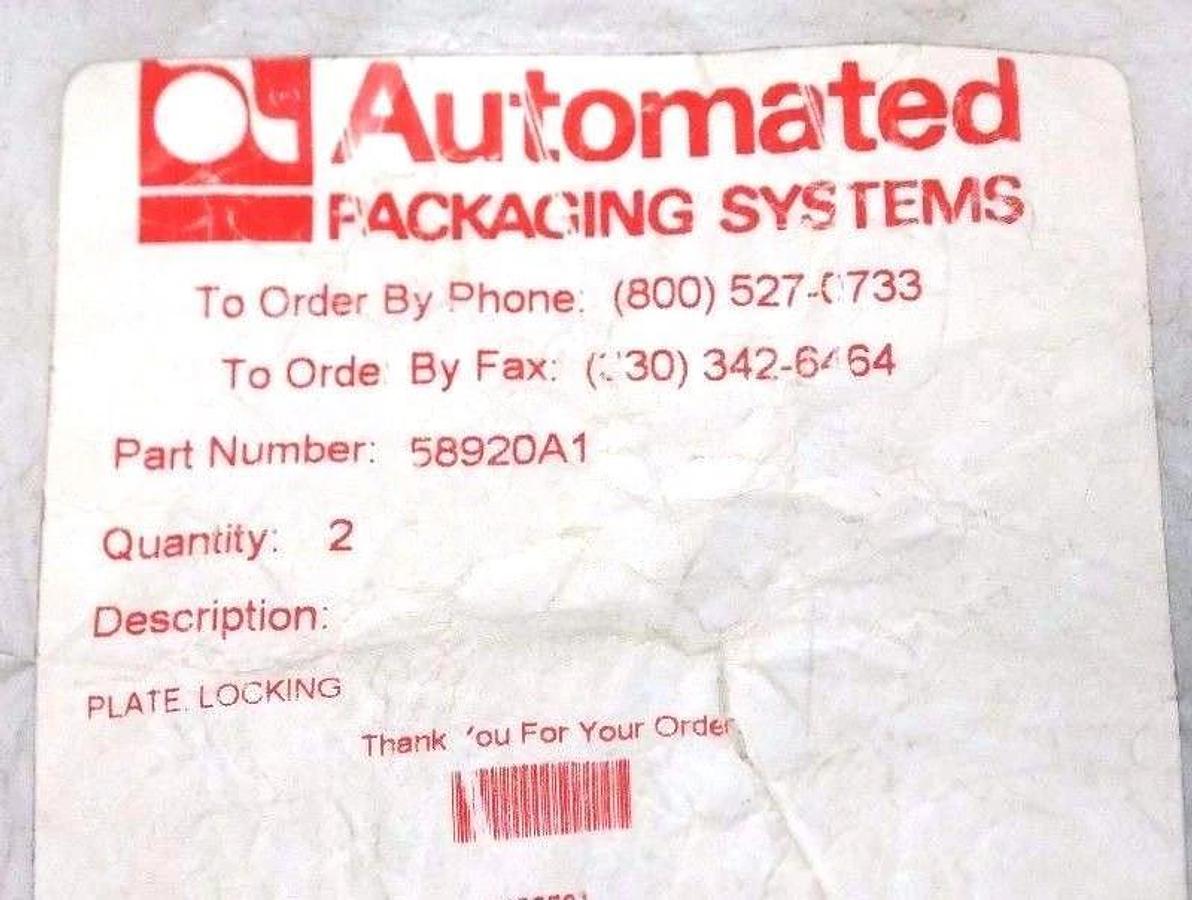 Used NIB AUTOMATED PACKAGING SYSTEMS 58920A1 PLATE LOCKING (QTY:2)