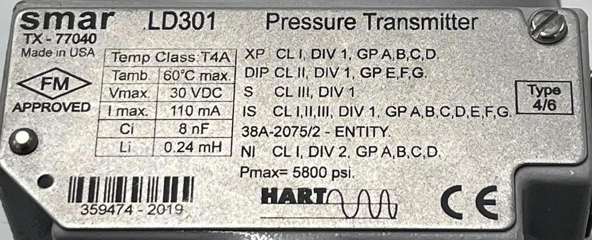SMAR LD301 PRESSURE TRANSMITTER ASSEMBLY W/ SENSOR: D1 & MANIFOLD: M-650S6P-VC