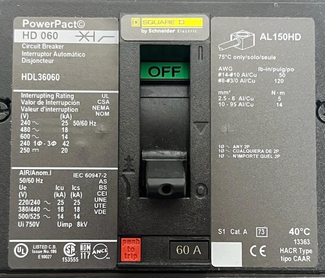 SQUARE D HDL36060 Circuit Breaker | PowerPact H-Frame | 60A 3P 600V | NSMP