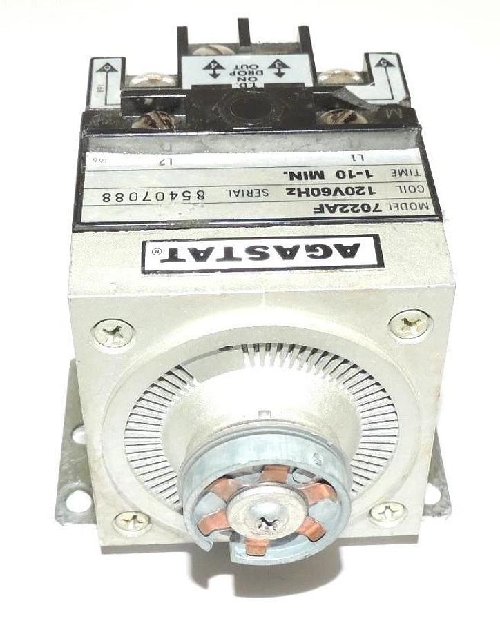 Used LOT OF 4 AGASTAT 7022AF TIME DELAY RELAYS, 120 V, 60 HZ, 1-10 MINUTES, W/O DIALS